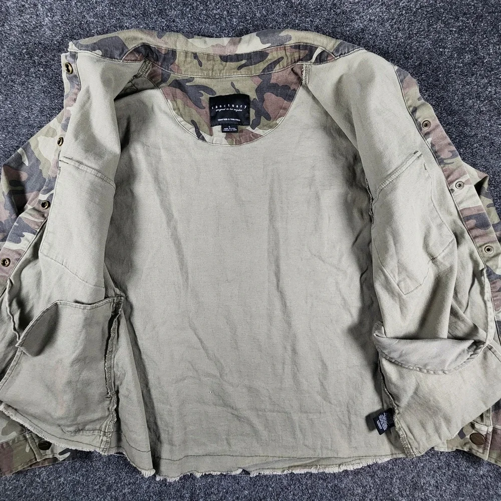 Sanctuary Utility Jacket Womens L Green Camo Frayed Hem Military Shirt Jacket